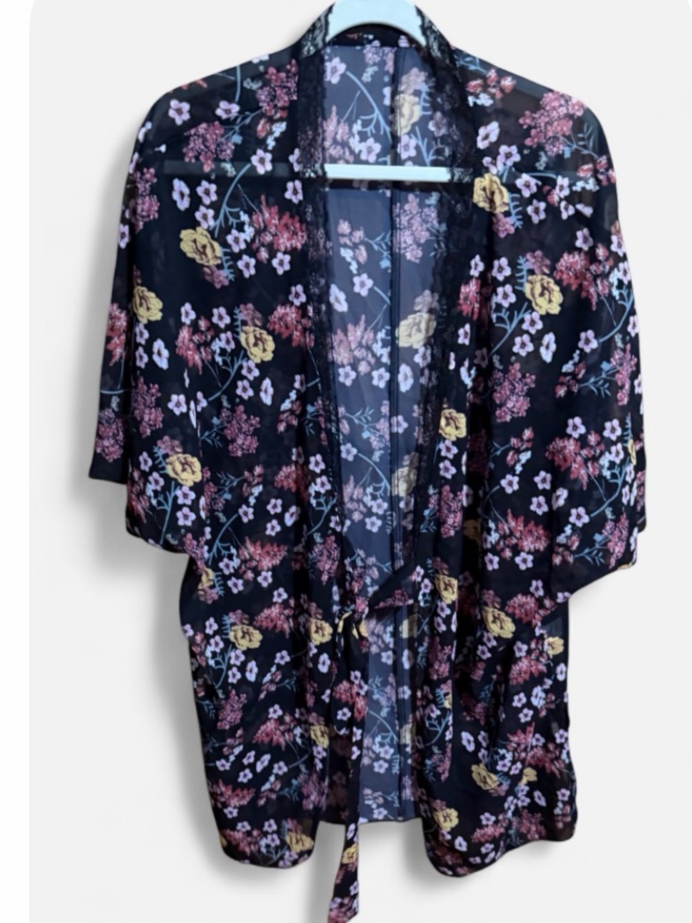 Black Floral Sheer Kimono with Lace Trim & tie belt large